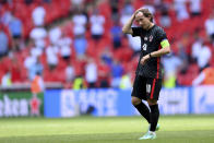 Croatia's Luka Modric reacts during the Euro 2020 soccer championship group D match between England and Croatia, at Wembley stadium, London, Sunday, June 13, 2021. (Laurence Griffiths, Pool via AP)