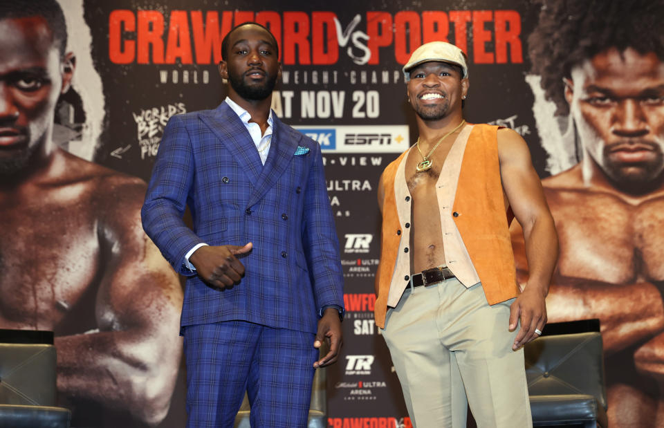 LAS VEGAS, NEVADA - OCTOBER 09: WBO welterweight champion Terence Crawford (L) and Shawn Porter (R) pose during the press conference at MGM Grand Casino on October 09, 2021 in Las Vegas, Nevada. (Photo by Mikey Williams/Top Rank Inc via Getty Images)