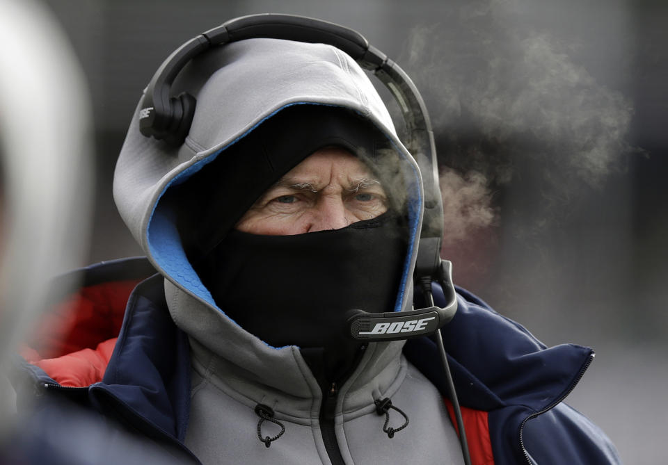 It’s frigid, windy and snowing in Massachusetts, but Patriots coach Bill Belichick expected his player to work on time. (AP)