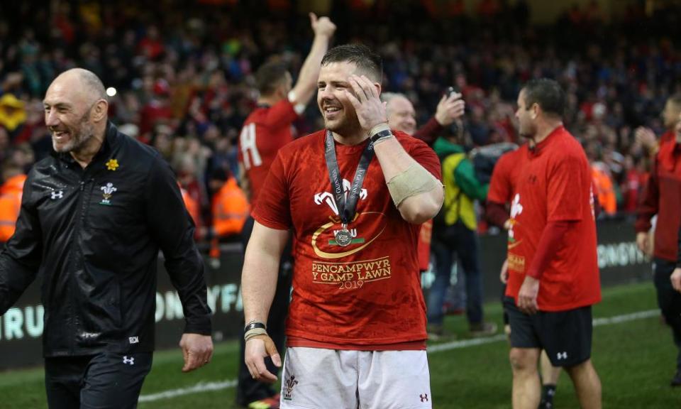 Rob Evans celebrates after Wales clinched the grand slam.