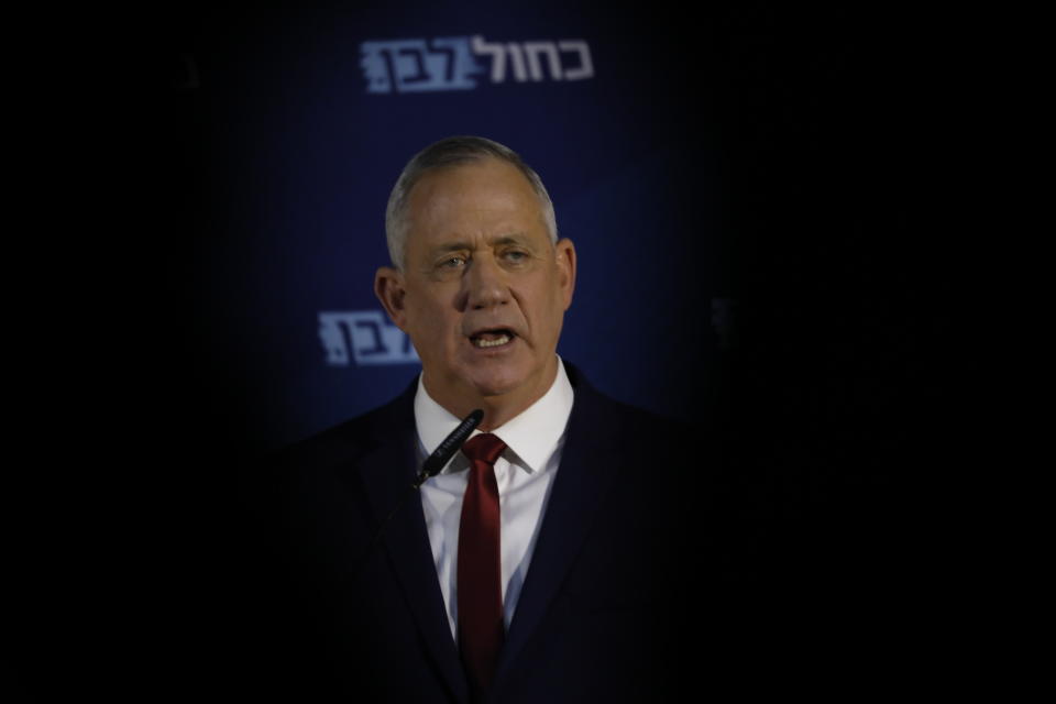 Blue and White party leader Benny Gantz, delivers a statement to the media in Ramat Gan, Israel, Sunday, March 1, 2020. Israel heads into its third election in less than a year on Monday, March 2nd. (AP Photo/Ariel Schalit)