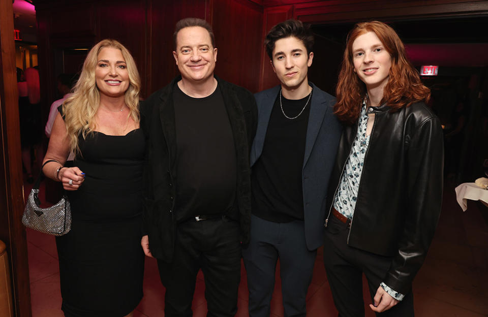 (L-R) Afton Smith, Brendan Fraser, Holden Fletcher Fraser, and Leland Francis Fraser attend the The CAA Pre-Oscar Party at Sunset Tower Hotel on March 10, 2023 in Los Angeles, California.