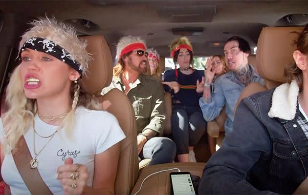 The Cyrus family jam it out in the latest episode of Carpool Karaoke. Source: Apple