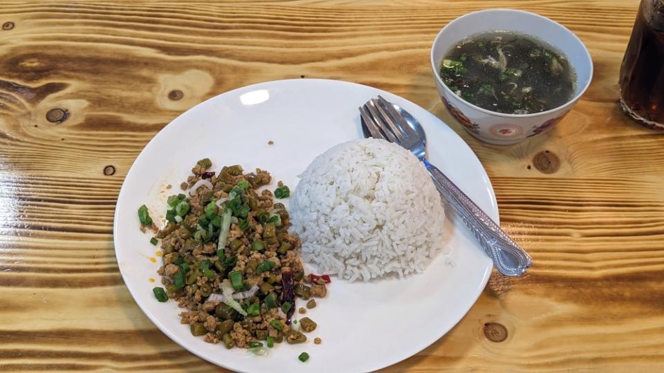 Minced meat capers rice uses pickled long beans instead of capers, but it's one of my favourite rice sets.