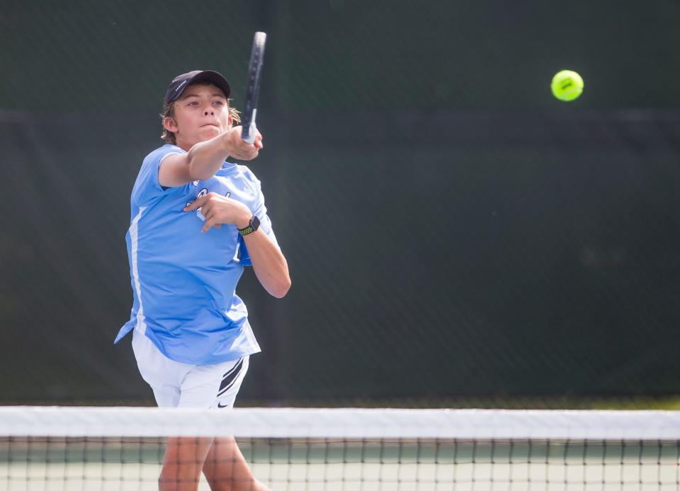 Saint Joseph's Colin Blumentritt is shown during the 2021 Northern Indiana Conference tennis tournament at Leeper Park in South Bend. Blumentritt claimed the No. 2 NIC singles title Wednesday, Sept. 14, 2022.
(Photo: Michael Caterina, South Bend Tribune)