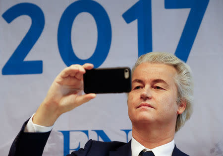 FILE PHOTO:Netherlands' Party for Freedom (PVV) leader Geert Wilders attends a news conference after a European far-right leaders meeting in Koblenz, Germany, January 21, 2017. REUTERS/Wolfgang Rattay