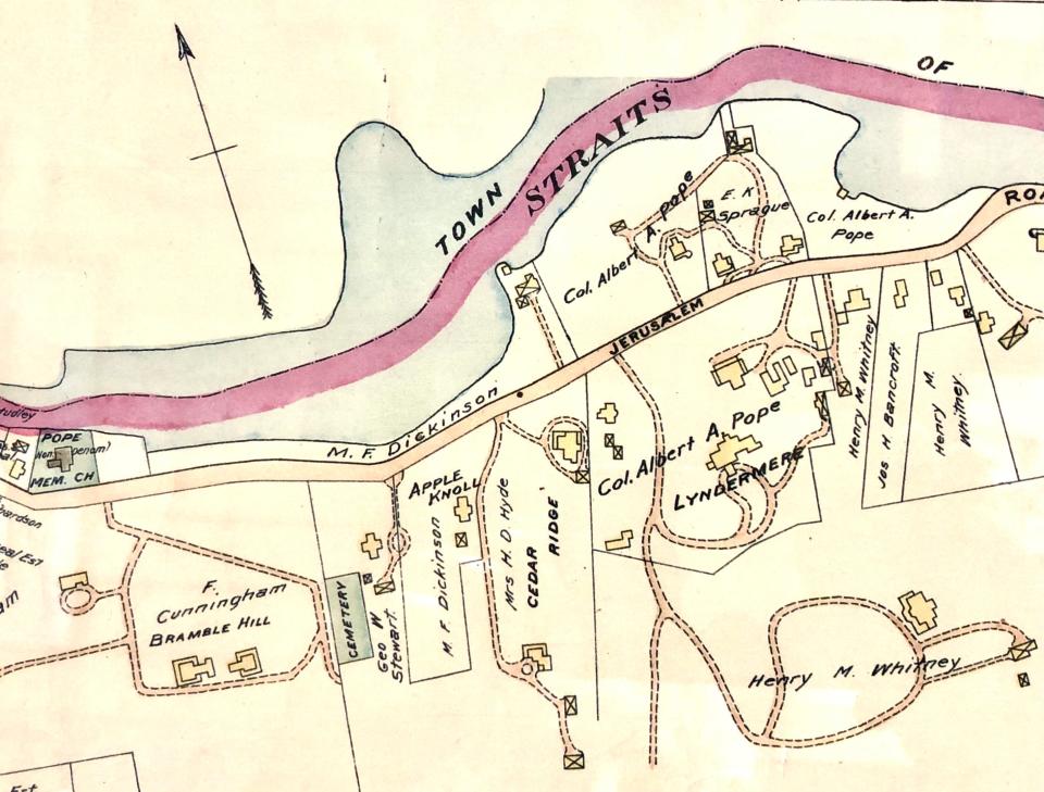 This circa 1890s map of Cohasset shows a section off Jerusalem Road where Boston industrialist Col. Albert Pope had a summer estate called Lyndermere, built by the previous owner, Asa Potter. The 50-acre hillside estate had many other buildings and over the years sections of the property were sold. The former Pope mansion is now a condominium building. Lyndermere is written right of center in the map.