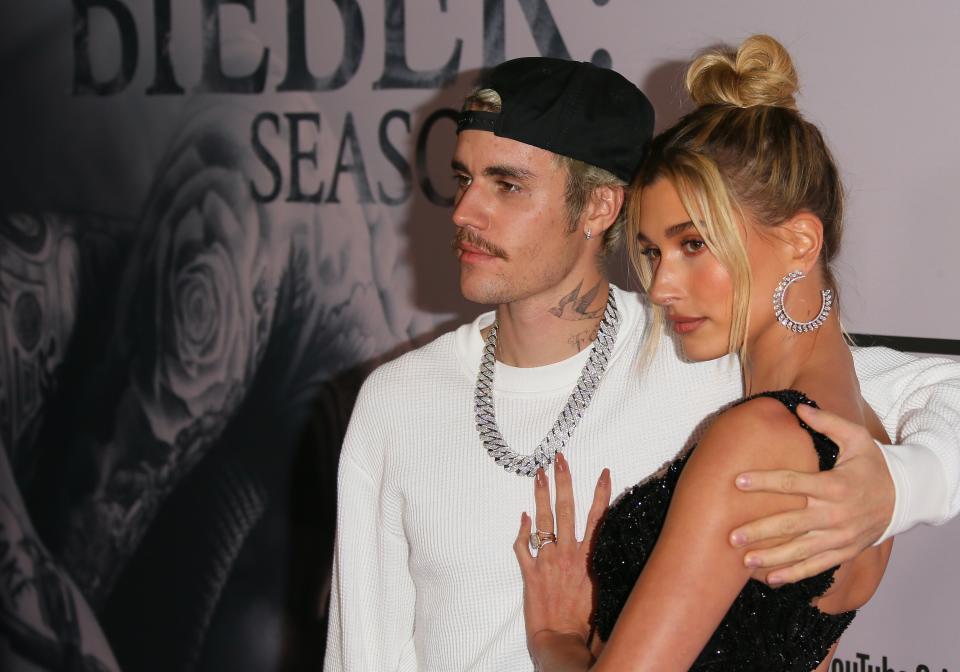 Justin Bieber and Hailey Bieber attend the premiere of YouTube Originals' "Justin Bieber: Seasons" at Regency Bruin Theatre on January 27, 2020 in Los Angeles, California. (Photo by Jean Baptiste Lacroix/FilmMagic)