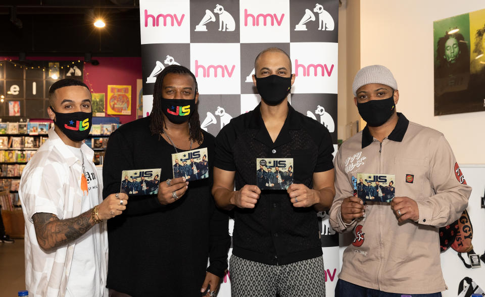 LONDON, ENGLAND - DECEMBER 03: (L-R) Aston Merrygold, Oritsé Williams, Marvin Humes and JB Gill of JLS sign their new album at HMV Westfield Shopping Centre on December 03, 2021 in London, England. (Photo by Jo Hale/Redferns)