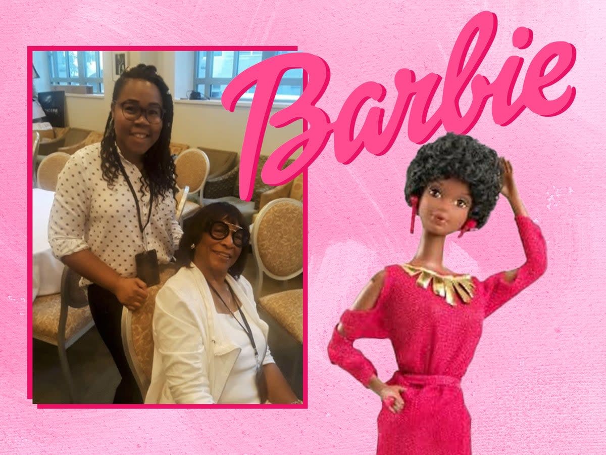 Filmmaker Lagueria Davis and her ‘Aunt’ Beulah Mae Mitchell (together left) who helped imagine the first Black Barbie (right)  (Amazon/The Independent/Mattel Inc.)