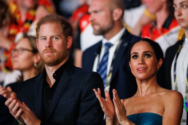 <p>Getty</p> Prince Harry, Duke of Sussex and Meghan, Duchess of Sussex during the closing ceremony of the Invictus Games Dusseldorf on September 16, 2023 in Duesseldorf, Germany.