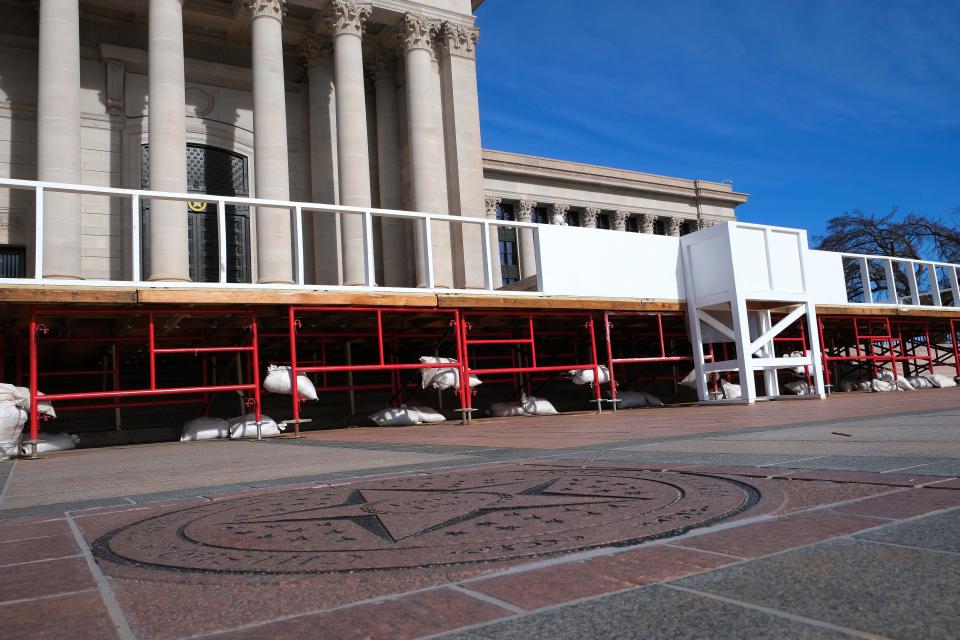 Construction on Thursday for the Oklahoma governor's inauguration ceremony showed the bare bones of the site where Gov. Kevin Stitt and all statewide elected officials will be sworn in during a ceremony on Monday at the state Capitol.