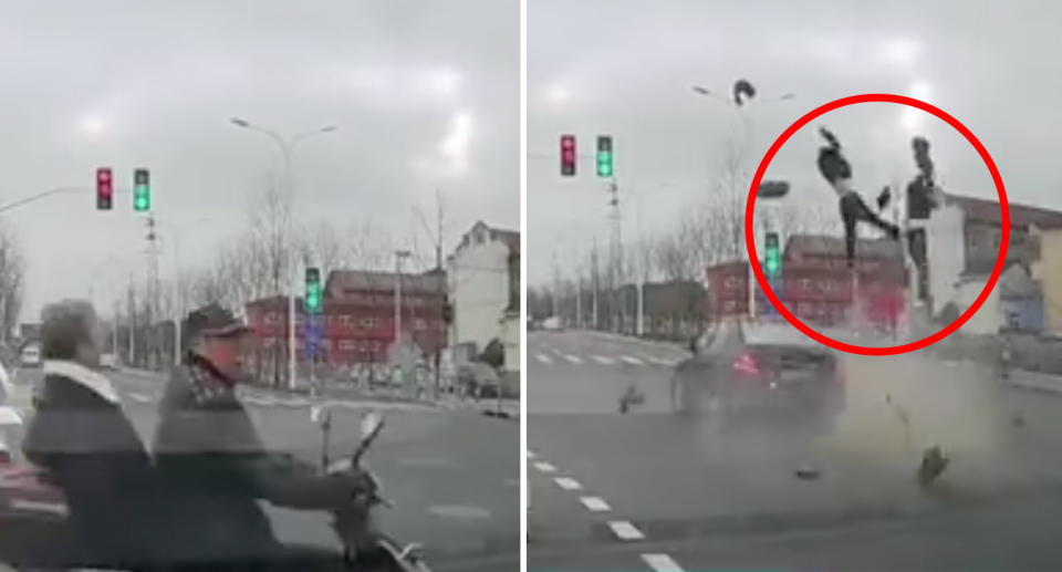 The scooter driver ignores traffic signals before he and his wife are struck by a passing car. Source: The Paper via Weibo