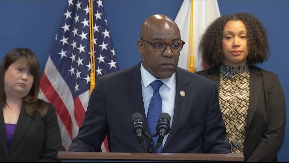 Illinois Attorney General Kwame Raoul listens to a reporter’s question after releasing a 696-page report on child sex abuse by Catholic clergy at a Chicago press conference that was live-streamed last week.