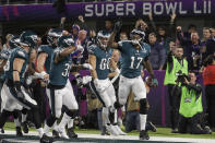 <p>Philadelphia Eagles’ Alshon Jeffery (17) celebrates his touchdown catch during the first half of the NFL Super Bowl 52 football game against the New England Patriots Sunday, Feb. 4, 2018, in Minneapolis. (AP Photo/Matt Slocum) </p>