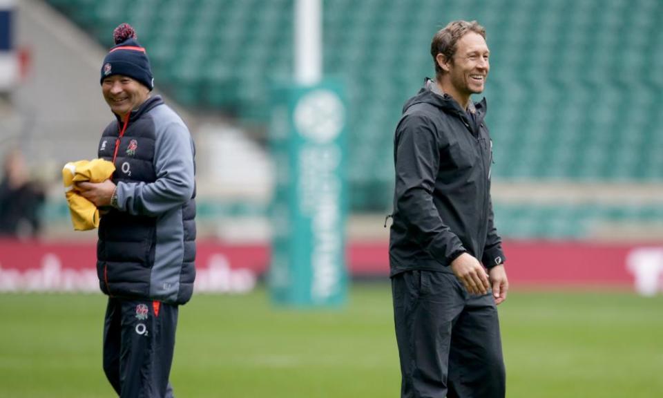 The head coach, Eddie Jones, with Jonny Wilkinson, who came to help out with the kickers at England training the day before they face Australia. 