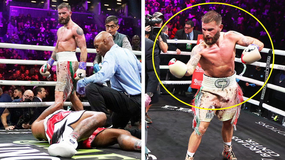 Caleb Plant (pictured right) performing a 'digging' celebration and (pictured left) Plant after knocking out Anthony Dirrell.