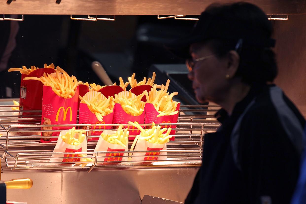 McDonald's french fries sit under a heat lamp during a one-day hiring event at a McDonald's restaurant on April 19, 2011 in San Francisco, California.