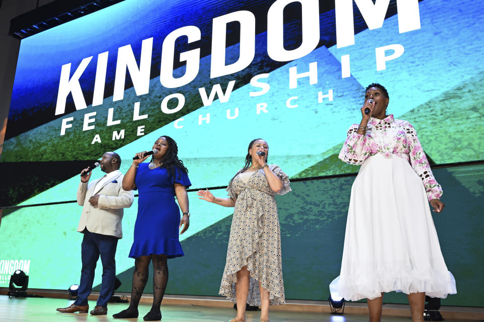 Members of Kingdom Fellowship AME Church choir perform during church service, Sunday, June 2, 2024, in Calverton, Md. The suburban Maryland congregation, led by the Rev. Matthew L. Watley, has landed at the top of a list of the fastest-growing churches in America. (AP Photo/Terrance Williams)