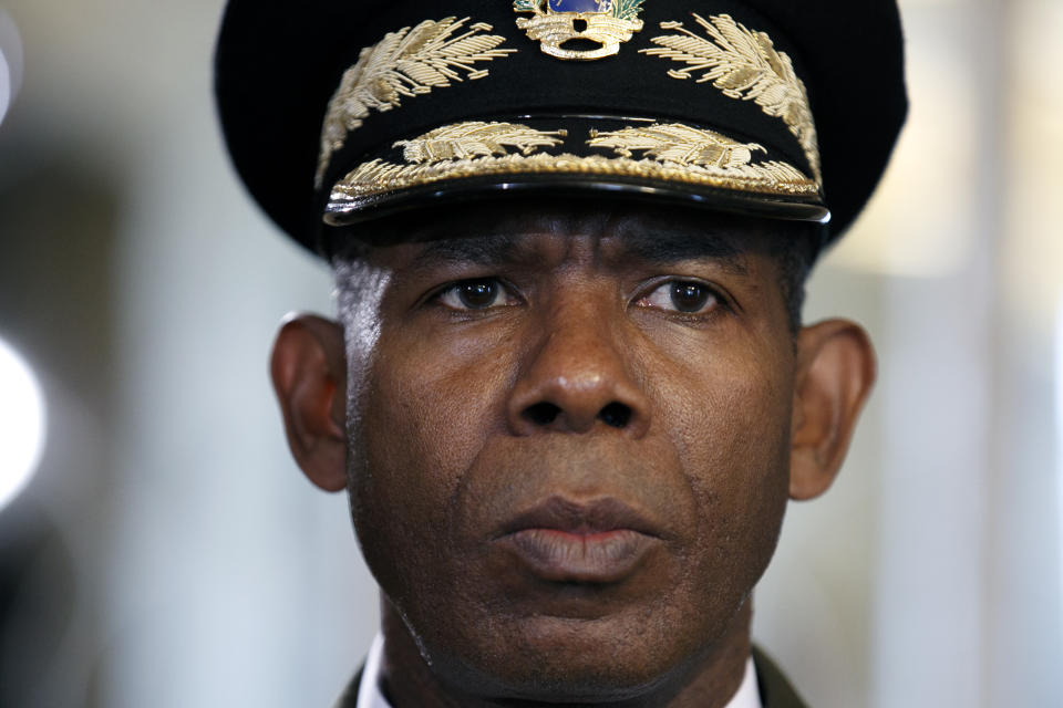 In this Tuesday, July 2, 2019, photo, Gen. Manuel Cristopher, former head of Venezuela's feared SEBIN intelligence agency, is interviewed by The Associated Press in Washington. In a show of nerve, he betrayed Venezuela President Nicolas Maduro, the man he met with almost every day, and secretly plotted with his enemies to launch a short-lived military uprising that Cristopher says was tantalizingly close to ousting the embattled leader. (AP Photo/Jacquelyn Martin)