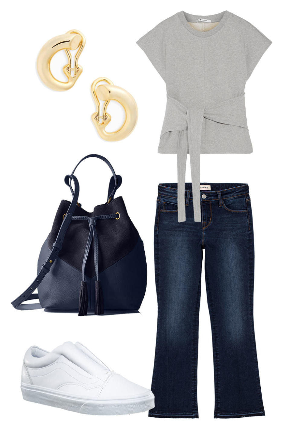 <p>Balance the arctic blast that is movie theatre AC with August's muggy temperatures in a sweatshirt top and jeans. Casual accessories match the low key vibe. </p><p><em>Charlotte Chesnais Monie Small Vermeil Hoop Earrings, $535; <a rel="nofollow noopener" href="http://shop.nordstrom.com/s/charlotte-chesnais-monie-small-vermeil-hoop-earrings/4578765?origin=category-personalizedsort" target="_blank" data-ylk="slk:shop.nordstrom.com;elm:context_link;itc:0;sec:content-canvas" class="link ">shop.nordstrom.com</a> </em></p><p><em>T by Alexander Wang Tie-Front Cotton-Jersey Top, $250; <a rel="nofollow noopener" href="https://www.net-a-porter.com/us/en/product/891075/T_by_Alexander_Wang/tie-front-cotton-jersey-top" target="_blank" data-ylk="slk:net-a-porter.com;elm:context_link;itc:0;sec:content-canvas" class="link ">net-a-porter.com</a> </em></p><p><em><em>Leather UA Old Skool Laceless Sneakers, $85; <a rel="nofollow noopener" href="https://www.vans.com/shop/womens-new-and-popular-arrivals/leather-ua-old-skool-laceless-dx-true-white" target="_blank" data-ylk="slk:vans.com;elm:context_link;itc:0;sec:content-canvas" class="link ">vans.com</a> </em><br></em></p><p><em>The Fix Mckenzie Suede and Leather Bucket Crossbody Bag, $119; <a rel="nofollow noopener" href="https://www.amazon.com/Fix-Mckenzie-Leather-Bucket-Crossbody/dp/B06W9GB1JR/ref=sr_1_4?tag=syndication-20&srs=10065543011&ie=UTF8&qid=1501698583&sr=8-4&th=1" target="_blank" data-ylk="slk:amazon.com;elm:context_link;itc:0;sec:content-canvas" class="link ">amazon.com</a> </em></p>