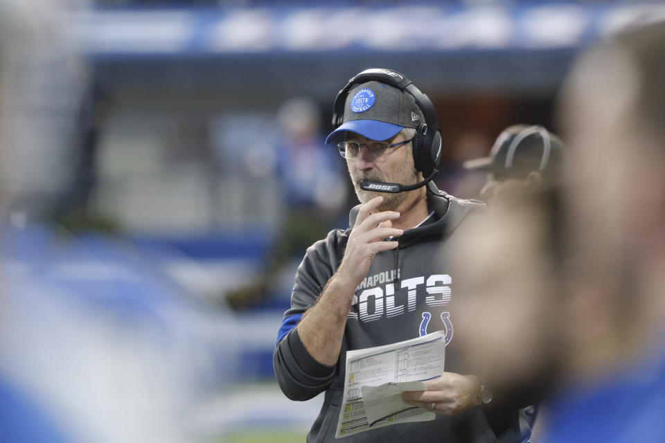 Indianapolis Colts head coach Frank Reich watches during the first half of an NFL football game against the Carolina Panthers, Sunday, Dec. 22, 2019, in Indianapolis. (AP Photo/AJ Mast)