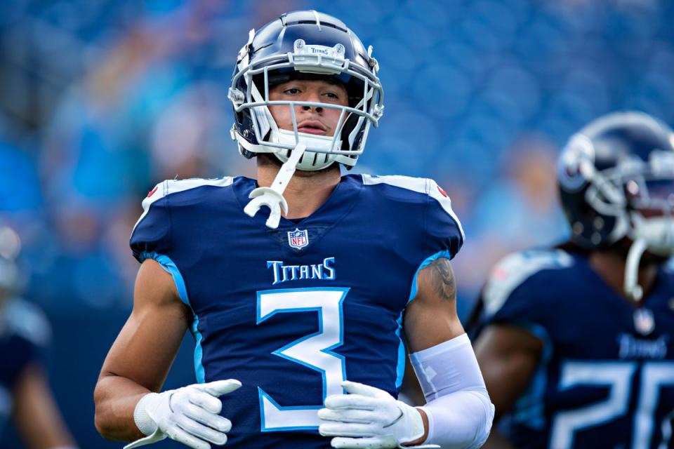 Caleb Farley of the Tennessee Titans warms up before an NFL preseason game against the Chicago Bears at Nissan Stadium in Nashville, Tennessee, in August 2021. (Getty Images)