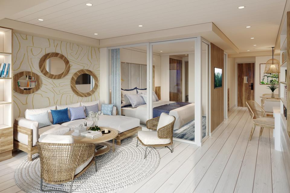 A living room and bedroom on board Storylines cruise ship