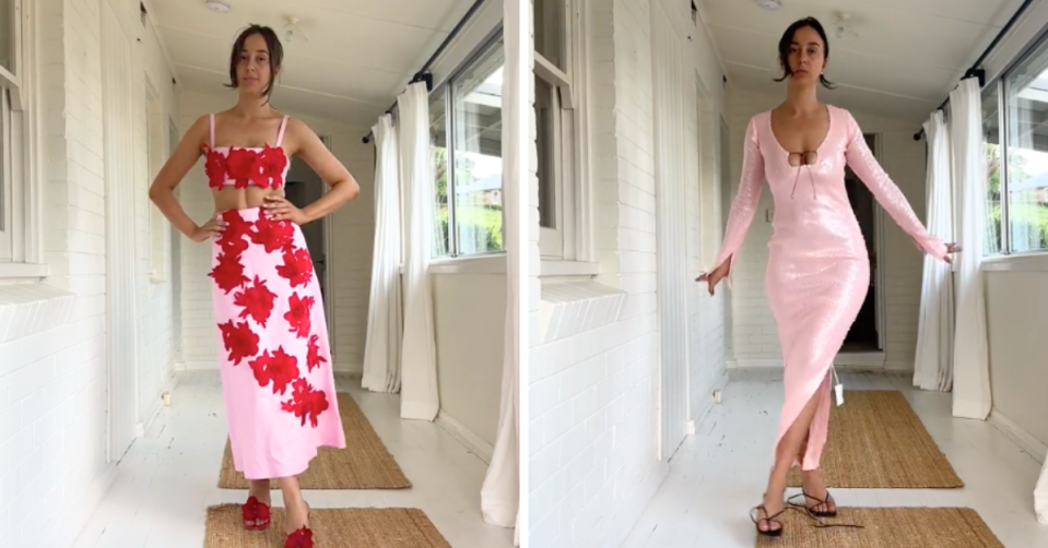 Georgie modelling two pink bridesmaids dresses
