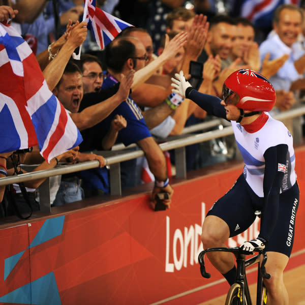 LONDON, ENGLAND - AUGUST 06: Jason Kenny of Great Britain celebrates winning the Men's Sprint Track Cycling Final and winning gold on Day 10 of the London 2012 Olympic Games at Velodrome on August 6, 2012 in London, England. (Photo by Michael Regan/Getty Images)