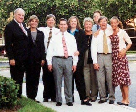 The blended family: Claude Kirk, from left, Kitty Crenshaw, Frank Kirk, Stephen Barto, Claudia Barto, Erika Kirk, Erik Kirk, Will Kirk and Adriana Dolabella. (Sarah Kirk Patent is not pictured)