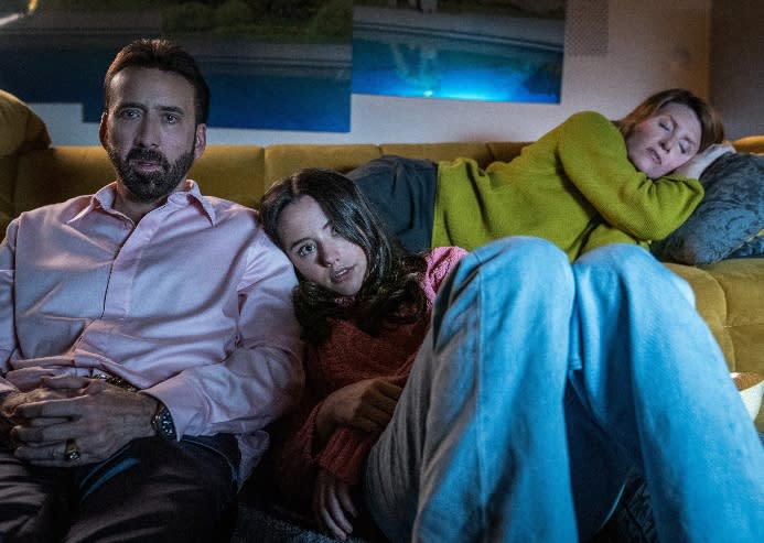 Nicolas Cage, Lily Mo Sheen, Sharon Horgan in ‘The Unbearable Weight of Massive Talent’ - Credit: Katalin Vermes / © Lionsgate / Courtesy Everett Collection.
