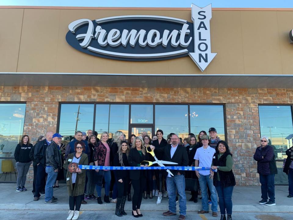 Fremont Salon, 6309 66th St. Ste. 900. Holding scissors is owner Rebekah Peer. Holding ribbon are Chamber Ambassadors Tracy Polk, left, and Ebie Serda. Others pictured are staff, family, friends and Lubbock Chamber Ambassadors.