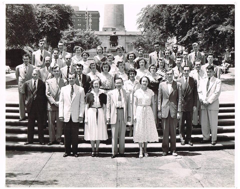 Paul A. Brent, the first Black student to enroll at the Peabody Conservatory, is second from the right in the back row in this 1953 photograph. <a href="http://cdm16613.contentdm.oclc.org/cdm/compoundobject/collection/p16613coll11/id/285" rel="nofollow noopener" target="_blank" data-ylk="slk:Peabody Institute;elm:context_link;itc:0;sec:content-canvas" class="link ">Peabody Institute</a>