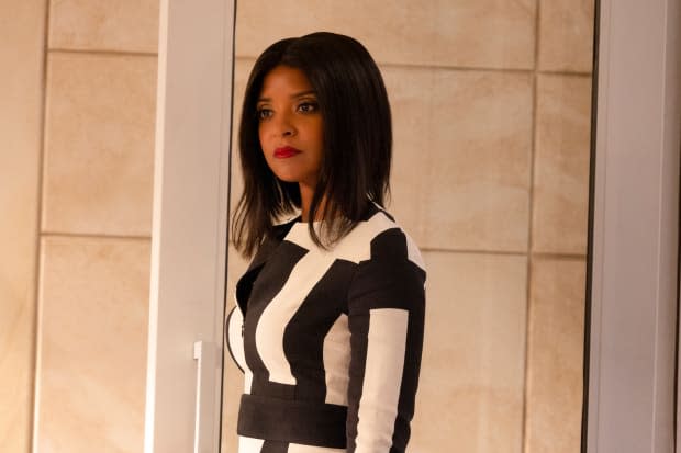 Mallory takes some names in an Akris dress.<p>Photo: Chuck Zlotnick/Courtesy of Marvel Studios</p>