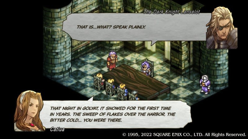 A screenshot shows one of Tactics Ogre's villains being questioned by Catiua. 