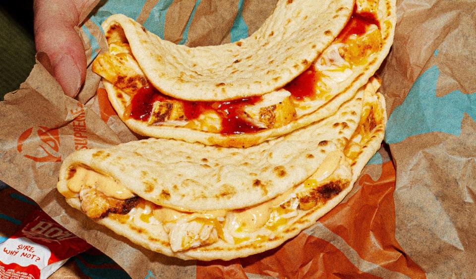 Taco Bell is testing a new menu item, $2 Chicken Flatbread Melts, in Dayton Ohio. Made with all-white meat chicken in a choice of two different sauces: a new Mexican BBQ sauce or creamy chipotle sauce.