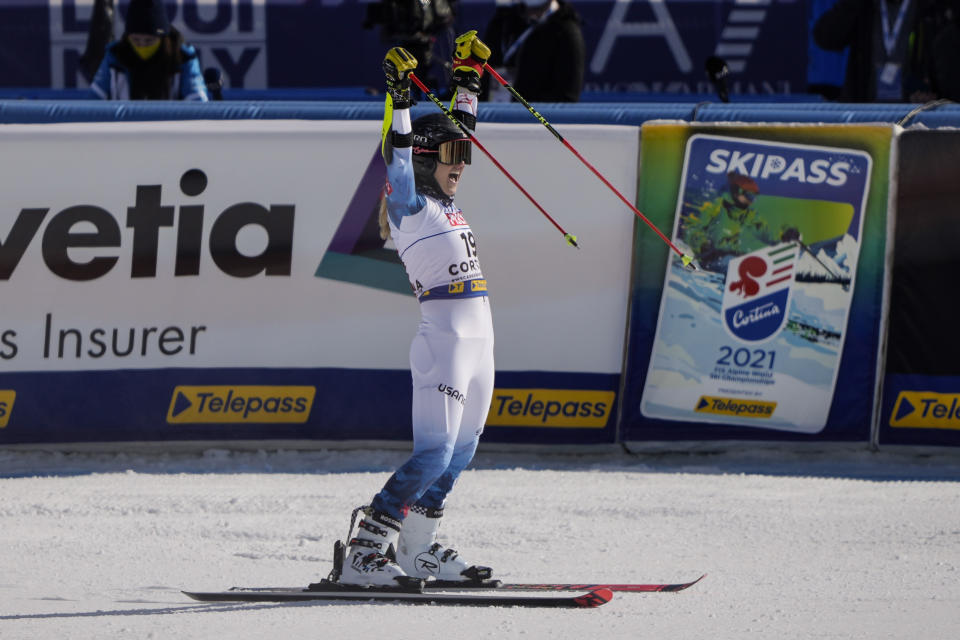 United States' Nina O Brien celebrates after competing in the first run of a women's giant slalom, at the alpine ski World Championships, in Cortina d'Ampezzo, Italy, Thursday, Feb. 18, 2021. (AP Photo/Giovanni Auletta)