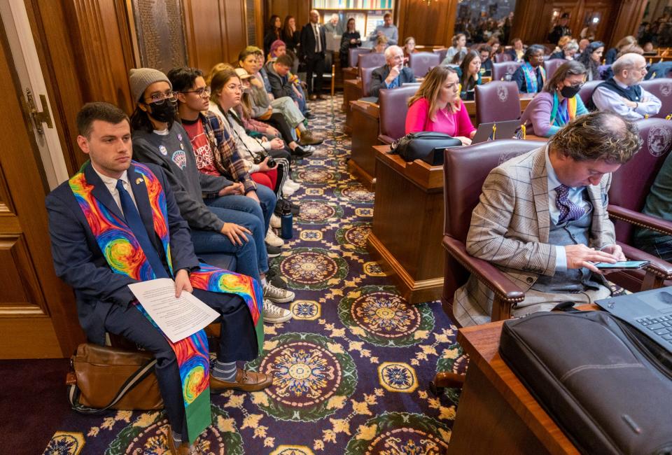 Visitors and lawmakers at the Indiana Statehouse, Indianapolis, Monday, Feb. 20, 2023, during education committee testimony regarding the so-called “don’t say gay” bill.