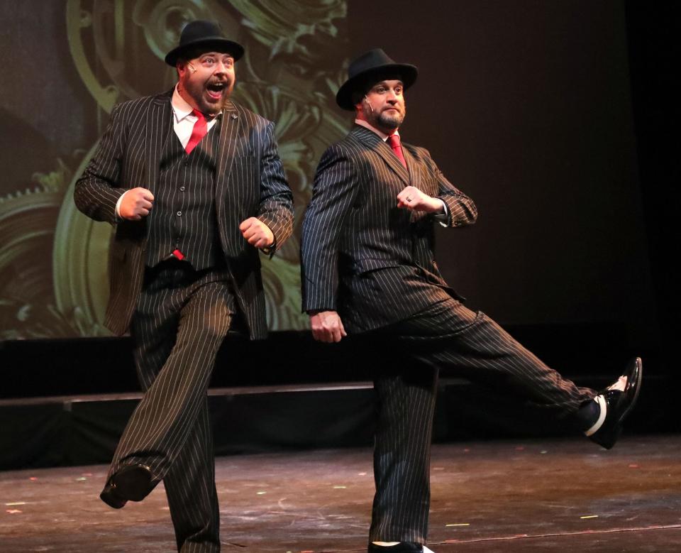 Actors Steven Simmons and Jack Cook sing and dance during a performance of "Brush Up Your Shakespeare" during a Halifax Repertory Theatre dress rehearsal this week for the company's debut performance, a Broadway musical revue titled "I HRT Broadway" at the News-Journal Center in Daytona Beach.