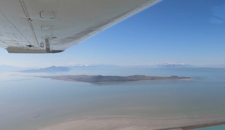 An aerial view of the Great Salt Lake as seen from an EcoFlight plane. (credit: Kade Garner/KTVX)