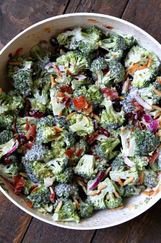 <p>Recipe Girl</p><p>The cranberry almond broccoli salad is tossed lightly in a mayo-sour cream based dressing, but I’d say the flavor highlights in this one are the dried cranberries, toasted almonds and crispy prosciutto.</p><p><strong>Get the recipe: <a href="https://www.recipegirl.com/cranberry-almond-broccoli-salad/" rel="nofollow noopener" target="_blank" data-ylk="slk:Cranberry Almond Broccoli Salad;elm:context_link;itc:0;sec:content-canvas" class="link ">Cranberry Almond Broccoli Salad</a></strong></p>