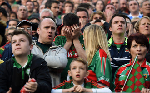Mayo supporters near the end of play during the GAA Football All-Ireland Senior Championship Final Replay match between Dublin and Mayo at Croke Park in Dublin - Credit: Sportsfile