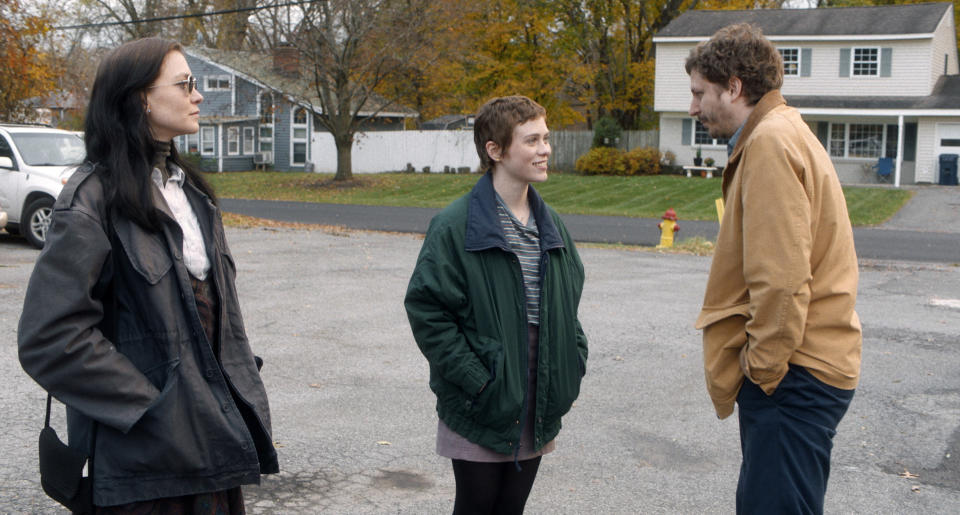 This image released by Variance Films shows Hannah Gross, from left, Sophia Lillis and Michael Cera in a scene from "The Adults." (Variance Films via AP)