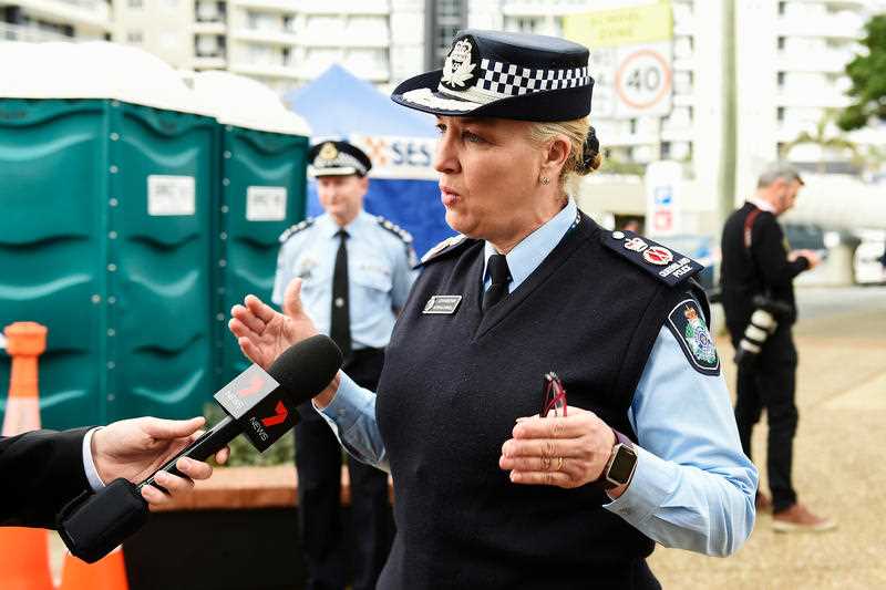 Queensland Police Commissioner Katarina Carroll speaks to media at Griffith Street checkpoint at Coolangatta on the Gold Coast.