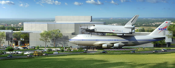 Artist concept of the new "The Shuttle and 747 Carrier" exhibit to open at Space Center Houston in 2015.