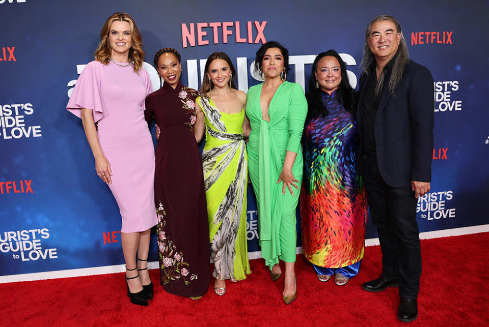 (L-R) Missi Pyle, Nondumiso, Rachel Leigh Cook, Jacqueline Correa, Eirene Donohue and Steven K. Tsuchida attend the World Premiere Of Netflix's New Rom-Com "A Tourist's Guide To Love" at TUDUM Theater on April 13, 2023 in Hollywood, California.