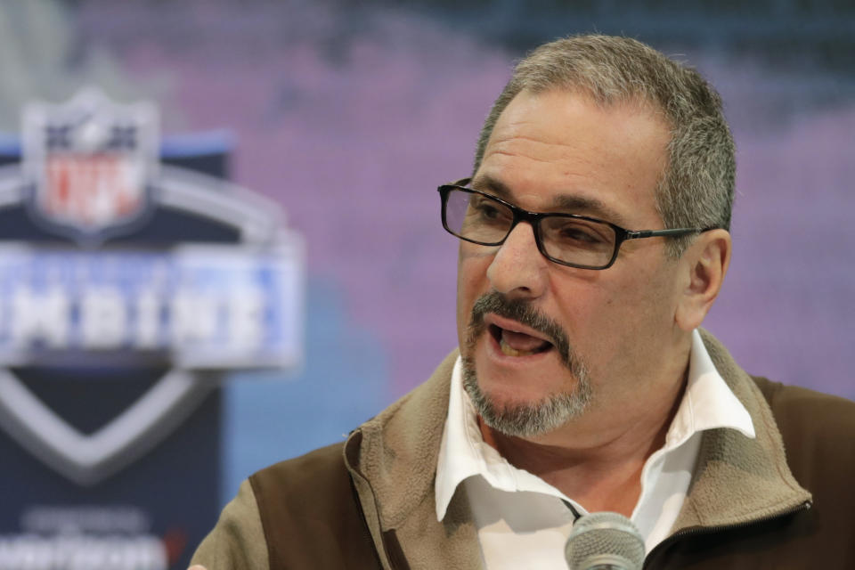 FILE - In this Feb. 27, 2019, file photo, New York Giants general manager Dave Gettleman speaks during a press conference at the NFL football scouting combine in Indianapolis. The NFL Draft will be April 23-25, 2020. (AP Photo/Michael Conroy, File)