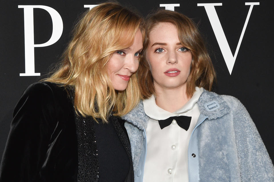 Uma Thurman and her daughter Maya Hawke attend the Giorgio Armani Prive Haute Couture Spring Summer 2019 show as part of Paris Fashion Week  on January 22, 2019 in Paris, France. (Photo by Stephane Cardinale - Corbis/Corbis via Getty Images)