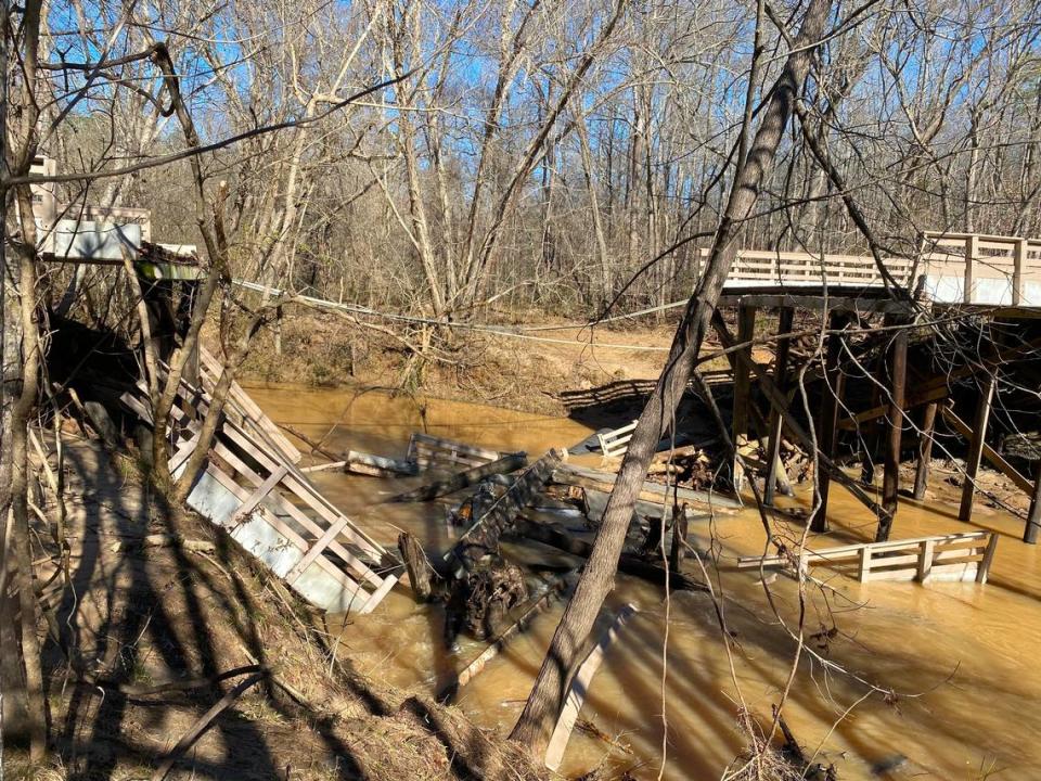 A road bridge, used for pedestrian access, collapsed at the Anne Springs Close Greenway property in Fort Mill.